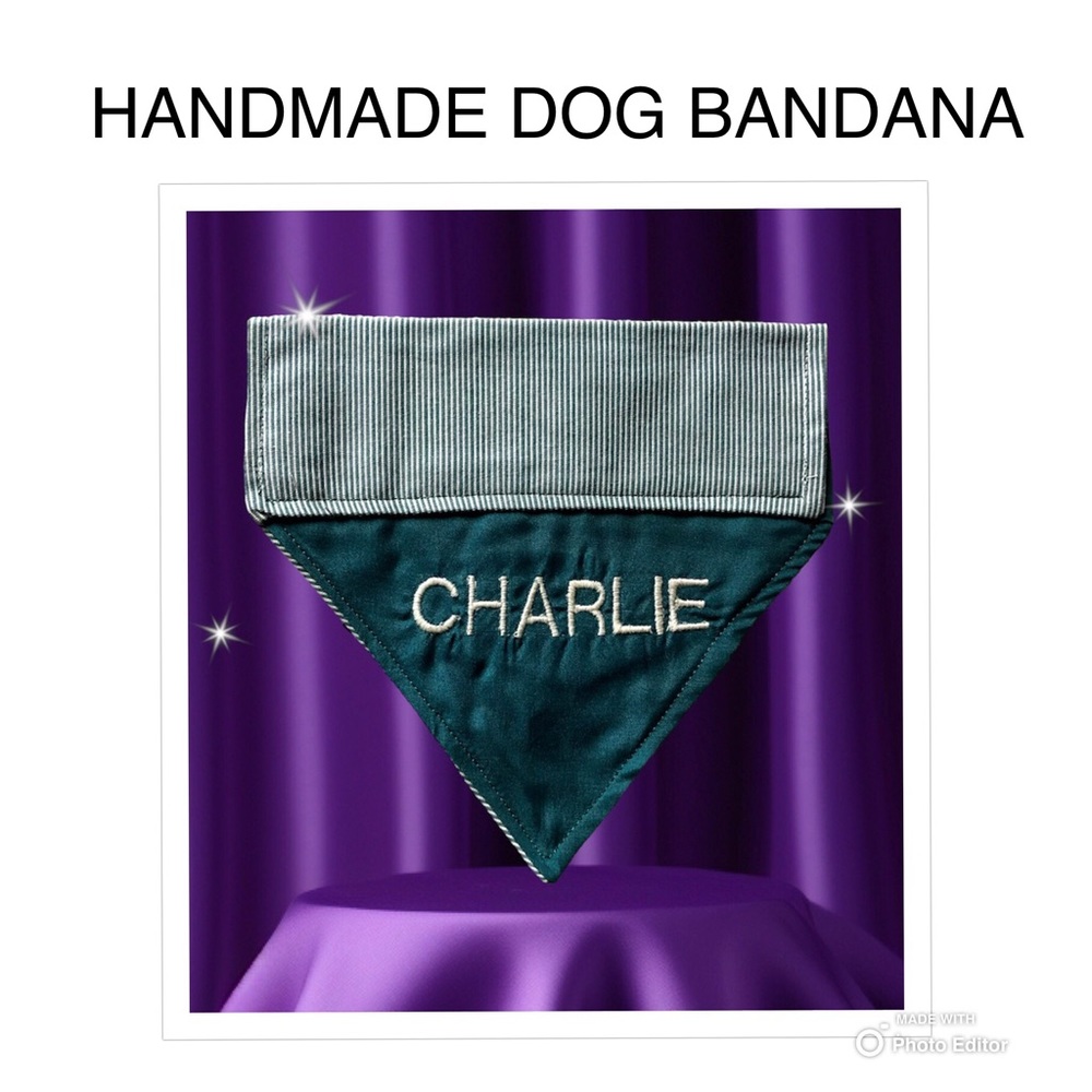 HANDMADE DOG BANDANA PERSONALIZED EMBROIDERED CHARLIE REVERSIBLE SLIP ON COLLAR
